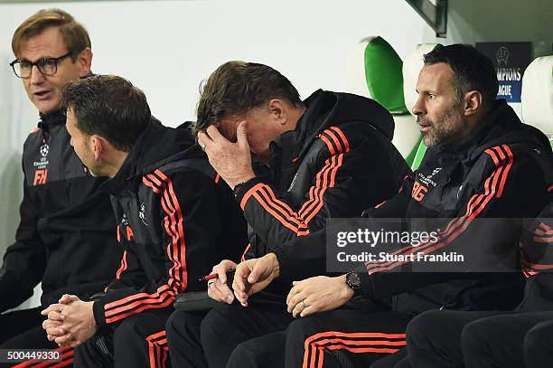 Dejected Louis van Gaal the manager of Manchester United reacts during the UEFA Champions League group B match between VfL Wolfsburg and Manchester...