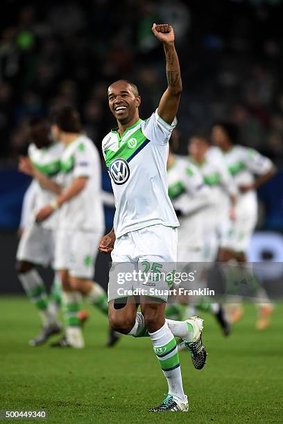 Naldo of Wolfsburg celebrates after scoring his team's third goal during the UEFA Champions League group B match between VfL Wolfsburg and Manchester...