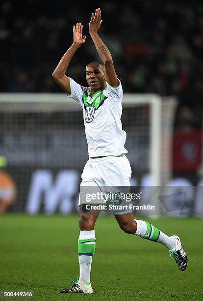 Naldo of Wolfsburg celebrates after scoring his team's third goal during the UEFA Champions League group B match between VfL Wolfsburg and Manchester...