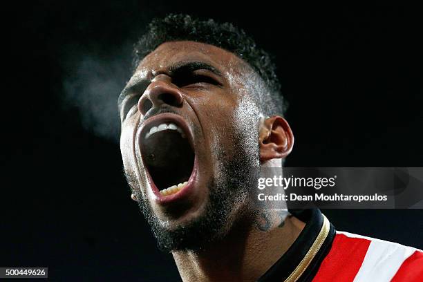 Jurgen Locadia celebrates the goal from team mate Davy Propper of PSV during the group B UEFA Champions League match between PSV Eindhoven and CSKA...