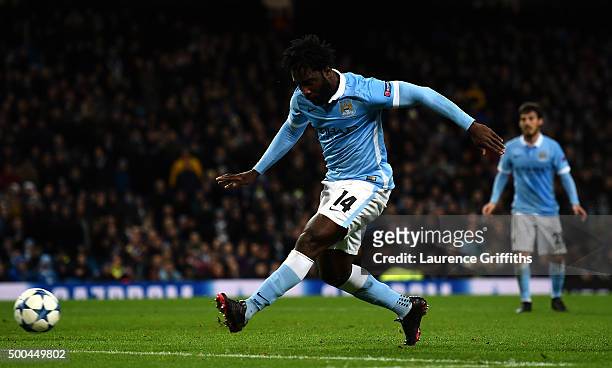Wilfred Bony of Manchester City scores his side's fourth goal during the UEFA Champions League Group D match between Manchester City and Borussia...