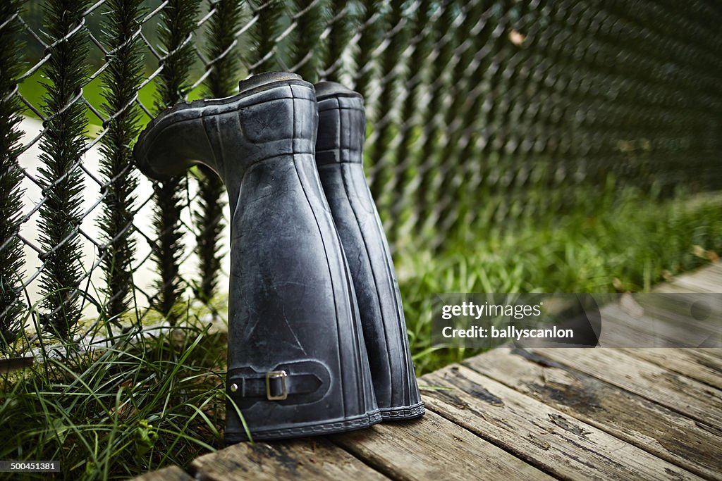 Rubber boots standing upside down