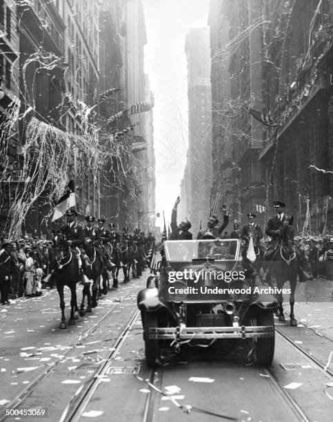 French aviators Dieudonne Costes and Maurice Bellonte in the parade given them up Broadway after being the first to fly nonstop from Paris, New York,...