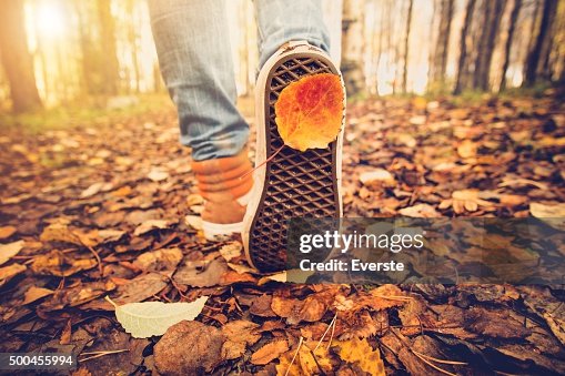 Feet sneakers walking on fall leaves Outdoor Autumn season Feet sneakers walking on fall leaves Outdoor Autumn season