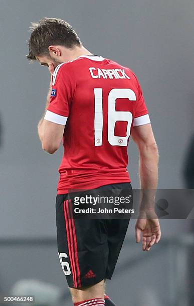 Michael Carrick of Manchester United shows his disappointment during the UEFA Champions League match between VfL Wolfsburg and Manchester United at...