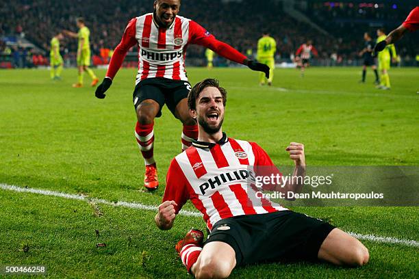 Davy Propper of PSV celebrates scoring his teams second goal of the game during the group B UEFA Champions League match between PSV Eindhoven and...
