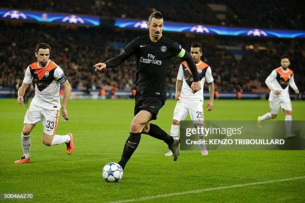 Paris Saint-Germain's Swedish forward Zlatan Ibrahimovic controls the ball during the UEFA Champions League Group A football match between...