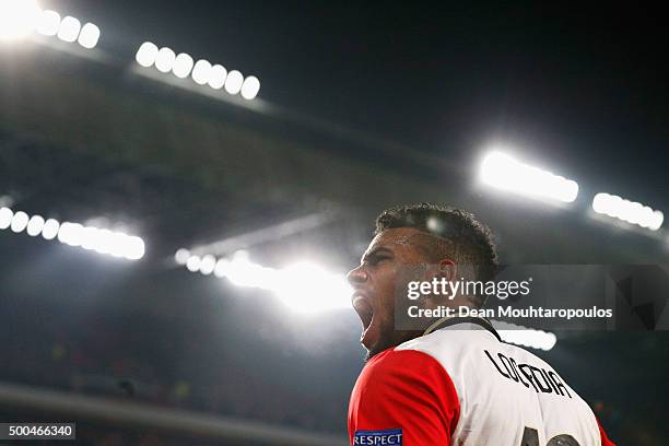 Jurgen Locadia celebrates the goal from team mate Davy Propper of PSV during the group B UEFA Champions League match between PSV Eindhoven and CSKA...