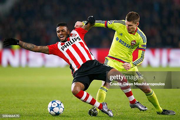 Jurgen Locadia of PSV is tackled and fouled by Kirill Nababkin of CSKA during the group B UEFA Champions League match between PSV Eindhoven and CSKA...