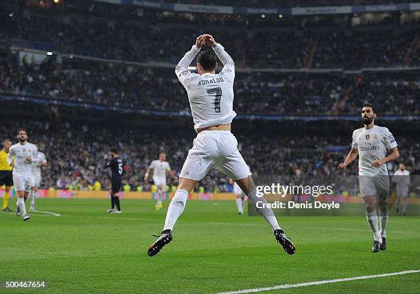 Cristiano Ronaldo of Real Madrid celebrates after scoring Real's 6th goal during the UEFA Champions League Group A match between Real Madrid CF and...