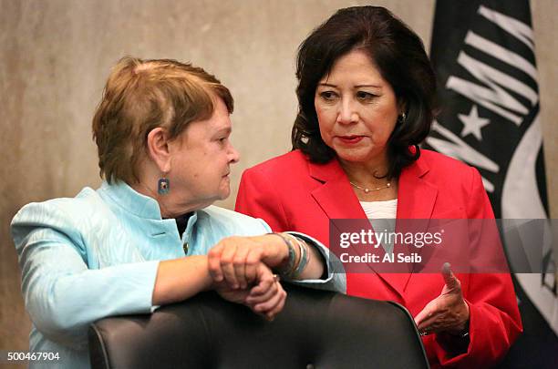 On her first day as Chairman, Los Angeles County Supervisor Hilda L. Solis, right, talks to Supervisor Sheila Kuehl, left, Tuesday, December 08,...