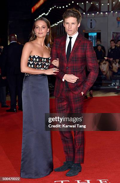 Eddie Redmayne and Alicia Vikander attend the UK Film Premiere of "The Danish Girl" on December 8, 2015 in London, United Kingdom.