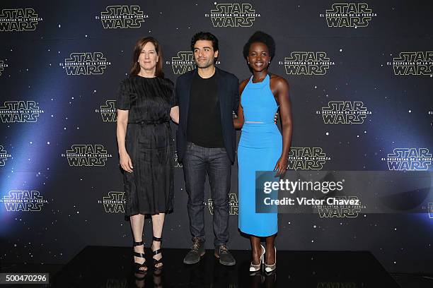 Producer Kathleen Kennedy, actor Oscar Isaac and actress Lupita Nyong'o attend the "Star Wars: The Force Awakens" Mexico City photo call at St Regis...