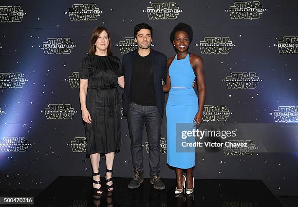 Producer Kathleen Kennedy, actor Oscar Isaac and actress Lupita Nyong'o attend the "Star Wars: The Force Awakens" Mexico City photo call at St Regis...