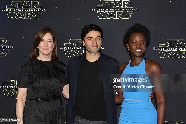 Producer Kathleen Kennedy, actor Oscar Isaac and actress Lupita Nyong'o attend the "Star Wars: The Force Awakens" Mexico City photo call at St Regis...