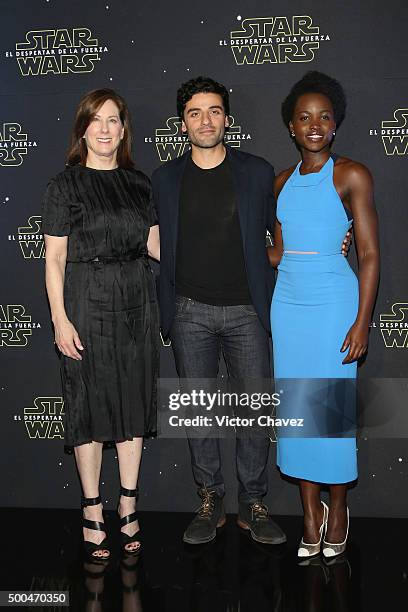 Producer Kathleen Kennedy, actor Oscar Isaac and actress Lupita Nyong'o attend the "Star Wars: The Force Awakens" Mexico City photo call at St Regis...