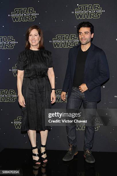 Producer Kathleen Kennedy and actor Oscar Isaac attend the "Star Wars: The Force Awakens" Mexico City photo call at St Regis Hotel on December 8,...