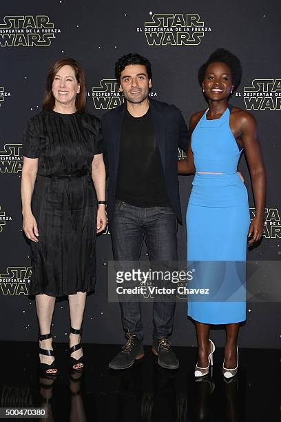 Producer Kathleen Kennedy, actor Oscar Isaac and actress Lupita Nyong'o attend the "Star Wars: The Force Awakens" Mexico City photo call at St Regis...