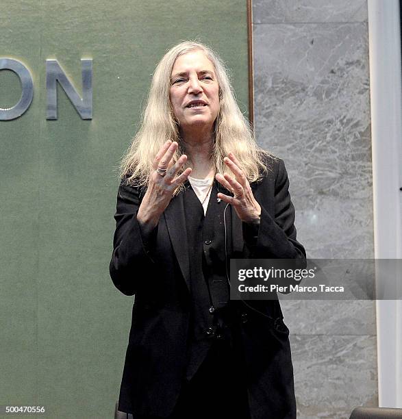 Patti Smith talks during the Giovanna d'Arco meeting at the Fondazione Edison on December 8, 2015 in Milan, Italy.