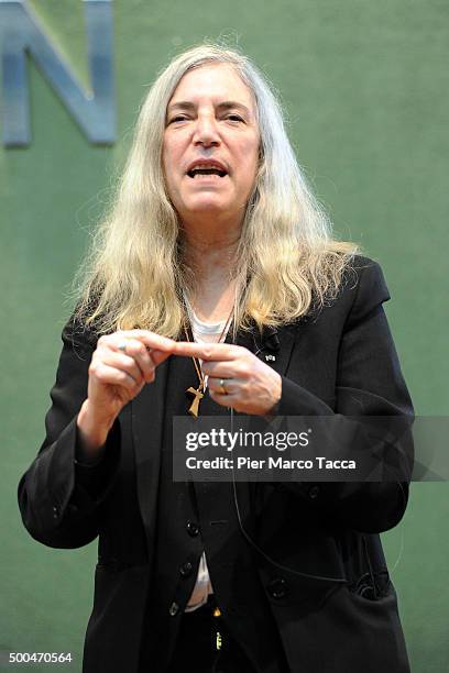 Patti Smith talks during the Giovanna d'Arco meeting at the Fondazione Edison on December 8, 2015 in Milan, Italy.