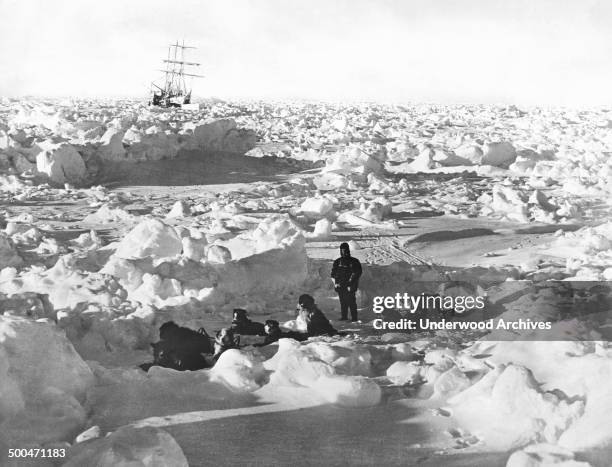 British explorer Sir Ernest Shackleton's ship, the Endurance, caught in the ice of the Weddell Sea, where it eventually sank, Antarctica, 1915. In...