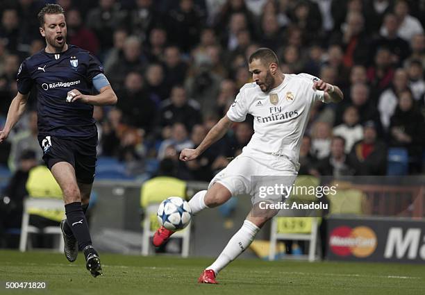 Karim Benzema of Real Madrid is in action during the UEFA Champions League Group A match between Real Madrid CF and Malmo FF at the Santiago Bernabeu...