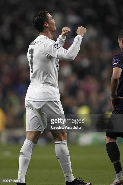 Cristiano Ronaldo of Real Madrid celebrates his score during the UEFA Champions League Group A match between Real Madrid CF and Malmo FF at the...