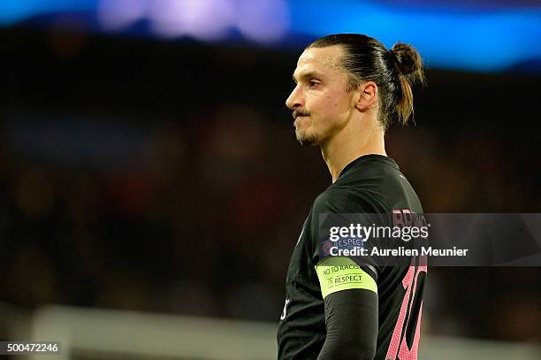 Zlatan Ibrahimovic of Paris Saint-Germain reacts during the UEFA Champions League game between the Paris Saint-Germain and FC Shakhtar Donetsk at...