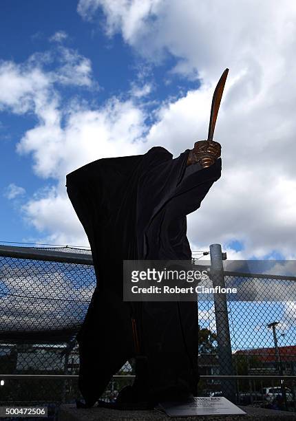 The statue of retired Australian cricketer Ricky Ponting is is seen prior to its unveiling at Blundstone Arena on December 9, 2015 in Hobart,...