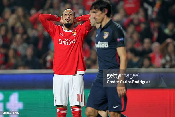 Benfica's forward Kostas Mitroglou reacts during the match between SL Benfica and Club Atletico de Madrid for the UEFA Champions League at Estadio da...