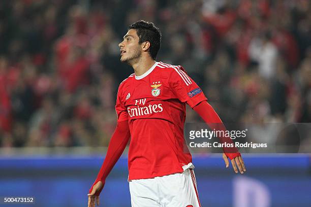 Benfica's forward Raul Jimenez reacts during the match between SL Benfica and Club Atletico de Madrid for the UEFA Champions League at Estadio da Luz...