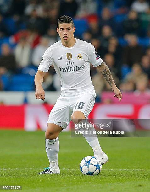 James Rodriguez of Real Madrid in action during the UEFA Champions League Group A match between Real Madrid and Malmo FF at Estadio Santiago Bernabeu...
