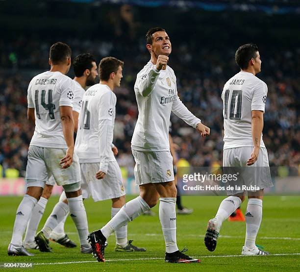 Cristiano Ronaldo of Real Madrid celebrates after scoring during the UEFA Champions League Group A match between Real Madrid and Malmo FF at Estadio...
