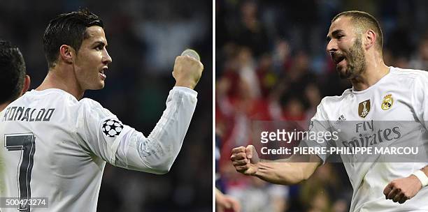 Combination of two pictures taken on December 8, 2015 shows Real Madrid's Portuguese forward Cristiano Ronaldo celebrating his first goal and Real...