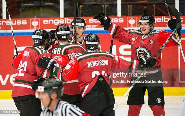 Johan Sundstrom of Frolunda Gothenburg celebrates with team-mates during the Champions Hockey League quarter final between Frolunda Gothenburg and...