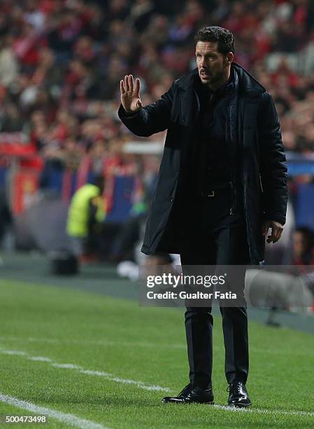 Club Atletico de Madrid's coach Diego Simeone in action during the UEFA Champions League match between SL Benfica and Club Atletico de Madrid at...