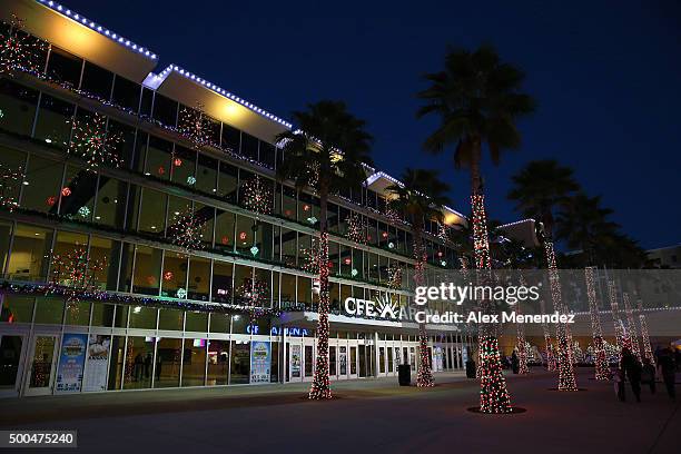 Christmas lights glow on palm trees prior to a NCAA basketball game between the Massachusetts Minutemen and the UCF Knights at the CFE Arena on...