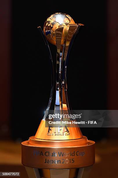 The FIFA Club World Cup Japan 2015 trophy on display during the FIFA Organising Committee for the FIFA Club World Cup Japan 2015 at the Conrad hotel...