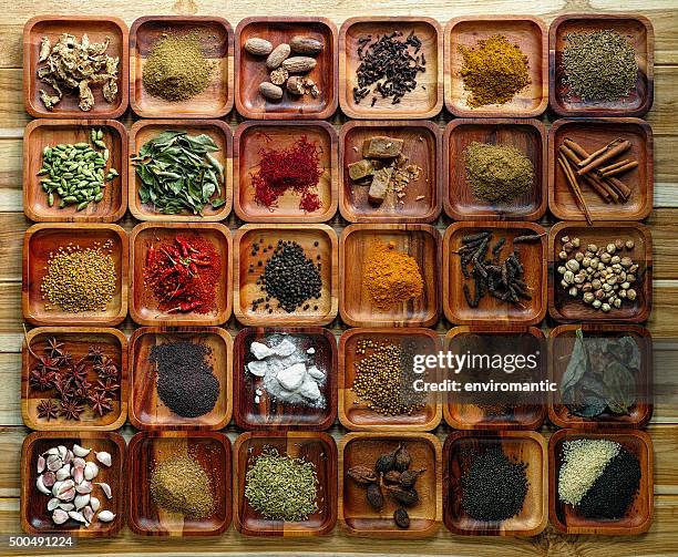 common indian herbs and spice ingriedients on wooden trays. - fennel stock pictures, royalty-free photos & images