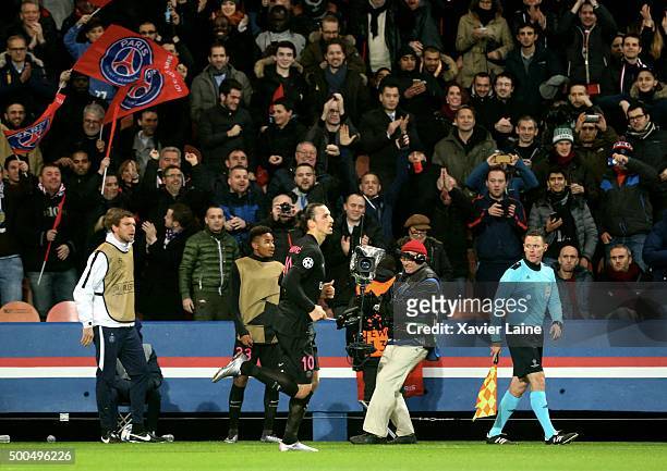 Zlatan Ibrahimovic of Paris Saint-Germain celebrate his goal during the UEFA Champions League between Paris Saint-Germain and Shakhtar Donetsk at...
