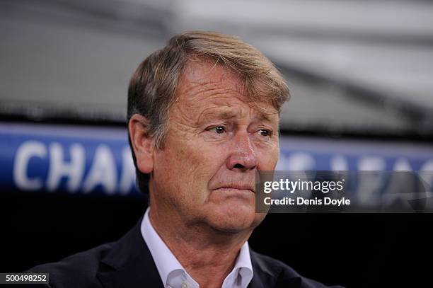 Manager Age Hareide of Malmo FF looks on during the UEFA Champions League Group A match between Real Madrid CF and Malmo FF at the Santiago Bernabeu...