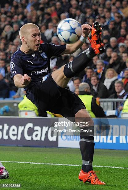 Anton Tinnerholm of Malmo FF in action during the UEFA Champions League Group A match between Real Madrid CF and Malmo FF at the Santiago Bernabeu...