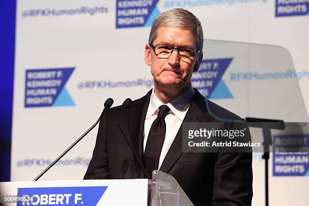 Apple CEO Tim Cook speaks onstage as Robert F. Kennedy Human Rights hosts The 2015 Ripple Of Hope Awards honoring Congressman John Lewis, Apple CEO...