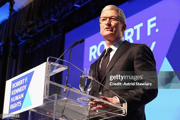 Apple CEO Tim Cook speaks onstage as Robert F. Kennedy Human Rights hosts The 2015 Ripple Of Hope Awards honoring Congressman John Lewis, Apple CEO...