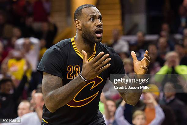 LeBron James of the Cleveland Cavaliers reacts after he is called for a foul during the second half against the Portland Trail Blazers at Quicken...