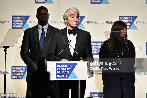 Actors Dennis Haysbert, Sam Waterston, and Catherine Keener speak onstage as Robert F. Kennedy Human Rights hosts The 2015 Ripple Of Hope Awards...