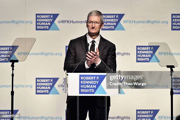 Apple CEO Tim Cook speaks onstage as Robert F. Kennedy Human Rights hosts The 2015 Ripple Of Hope Awards honoring Congressman John Lewis, Apple CEO...