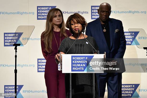 Actors Lena Olin, Alfre Woodard, and Louis Gosset Jr speak onstage as Robert F. Kennedy Human Rights hosts The 2015 Ripple Of Hope Awards honoring...