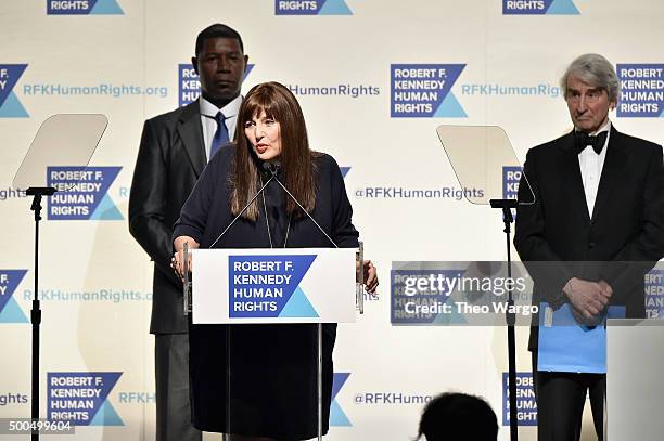 Actors Dennis Haysbert, Catherine Keener, and Sam Waterston speak onstage as Robert F. Kennedy Human Rights hosts The 2015 Ripple Of Hope Awards...