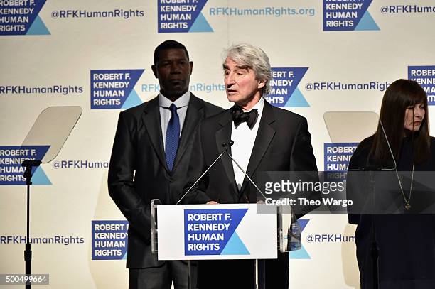 Actors Dennis Haysbert, Sam Waterston, and Catherine Keener speak onstage as Robert F. Kennedy Human Rights hosts The 2015 Ripple Of Hope Awards...